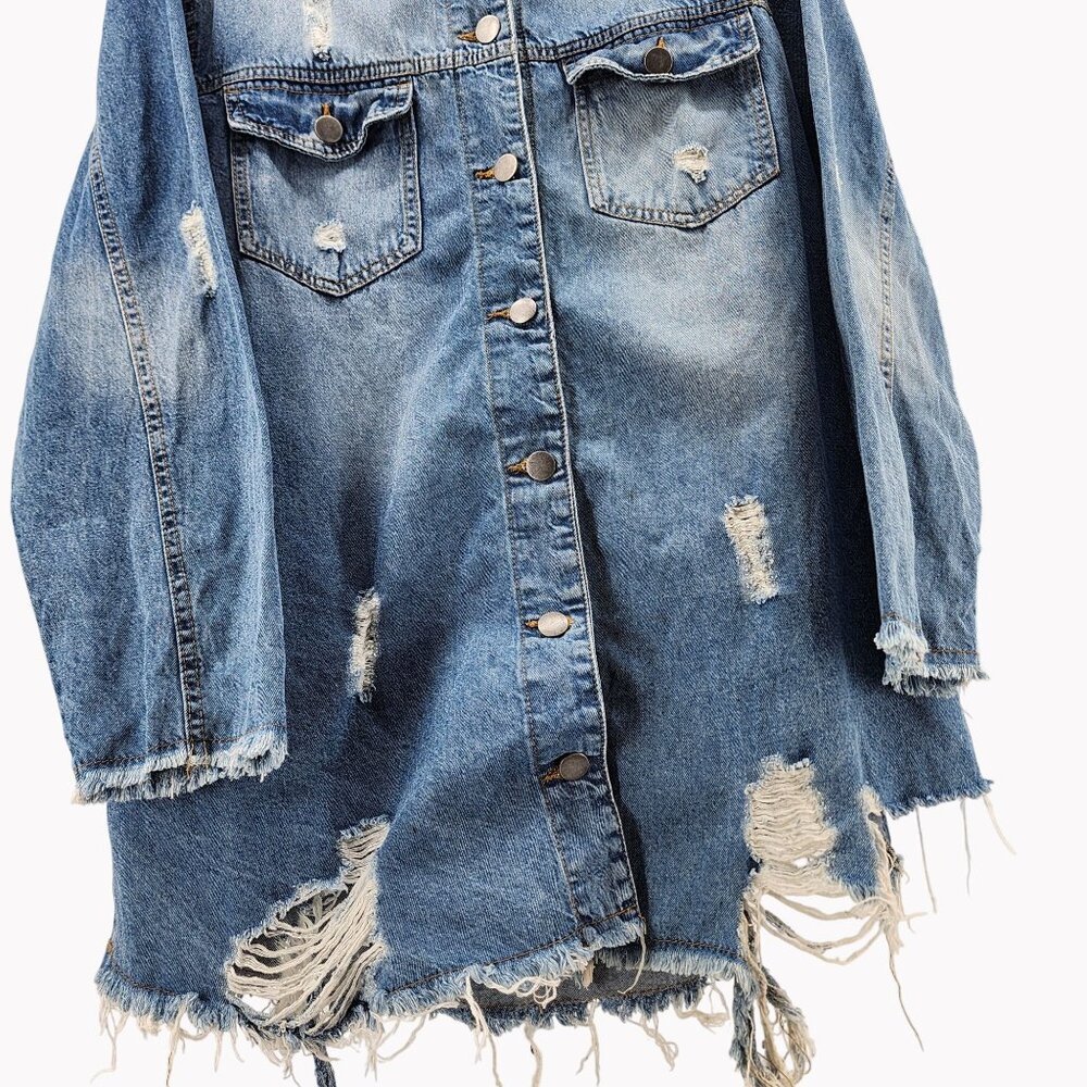 Highway Jeans Womens Distressed Denim Jacket Dress 2X Long Sleeve Button-Up - Picture 2 of 9